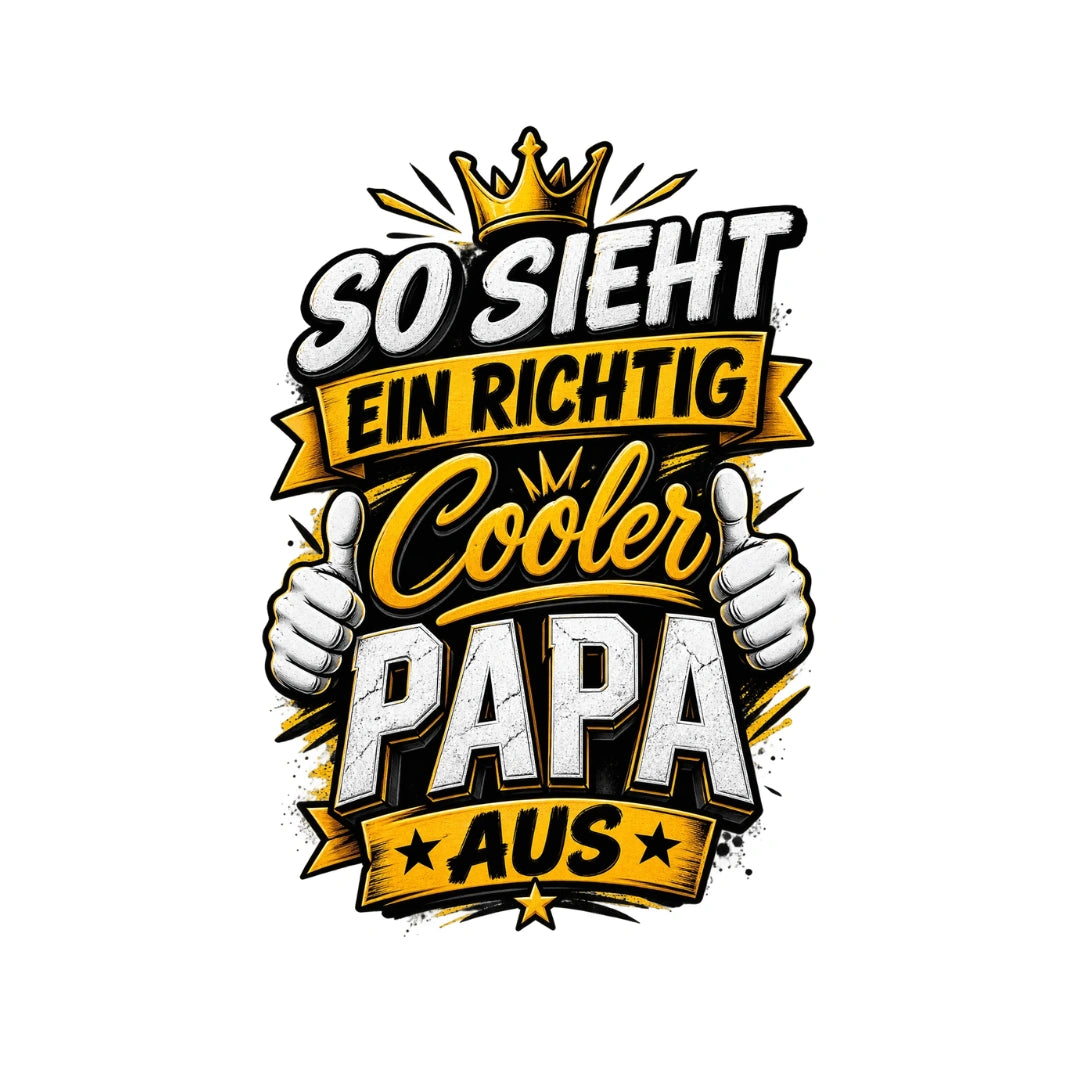 Druckmotiv für T-Shirts mit dem Spruch So sieht ein richtig cooler Papa aus, verziert mit Krone und Daumen-hoch-Geste.