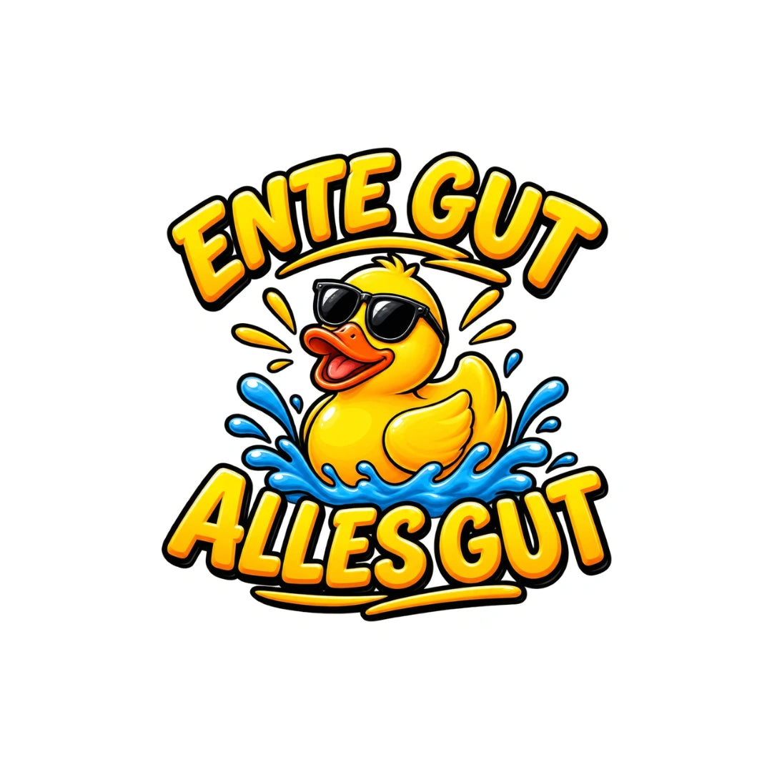 Druckmotiv mit einer gelben Badeente mit Sonnenbrille im Wasser und dem Spruch Ente gut alles gut.