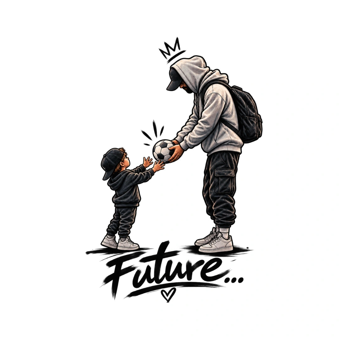 Druckmotiv im Urban-Style mit Vater und Sohn, die einen Fußball übergeben, und dem Schriftzug Future.