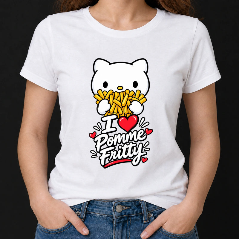 Frau trägt ein weißes T-Shirt, bedruckt mit einer weißen Comic-Katze mit Pommes und dem Schriftzug I Love Pomme Fritty.