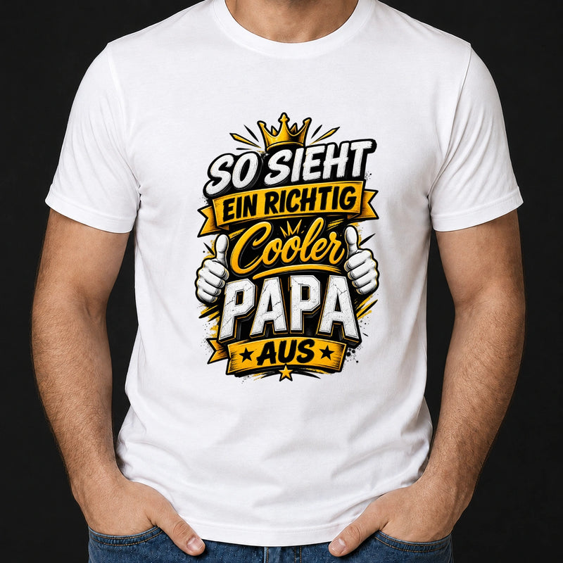 Mann trägt ein weißes T-Shirt, bedruckt mit dem schwarz-gelben Spruch-Motiv So sieht ein richtig cooler Papa aus.