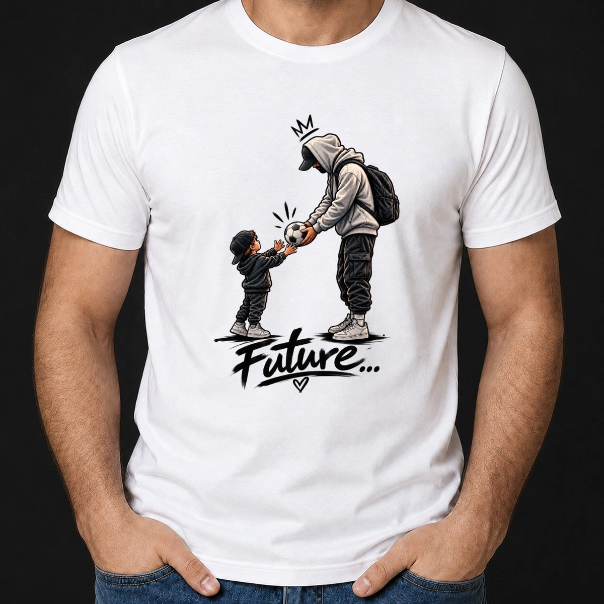 Mann trägt ein weißes T-Shirt, bedruckt mit einer Vater-Sohn-Grafik, der Übergabe eines Fußballs und dem Schriftzug Future.