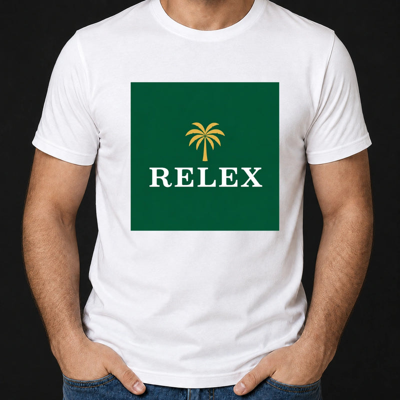 Mann trägt ein weißes T-Shirt, bedruckt mit einem grünen Quadrat, gelber Palme und dem Schriftzug RELEX.