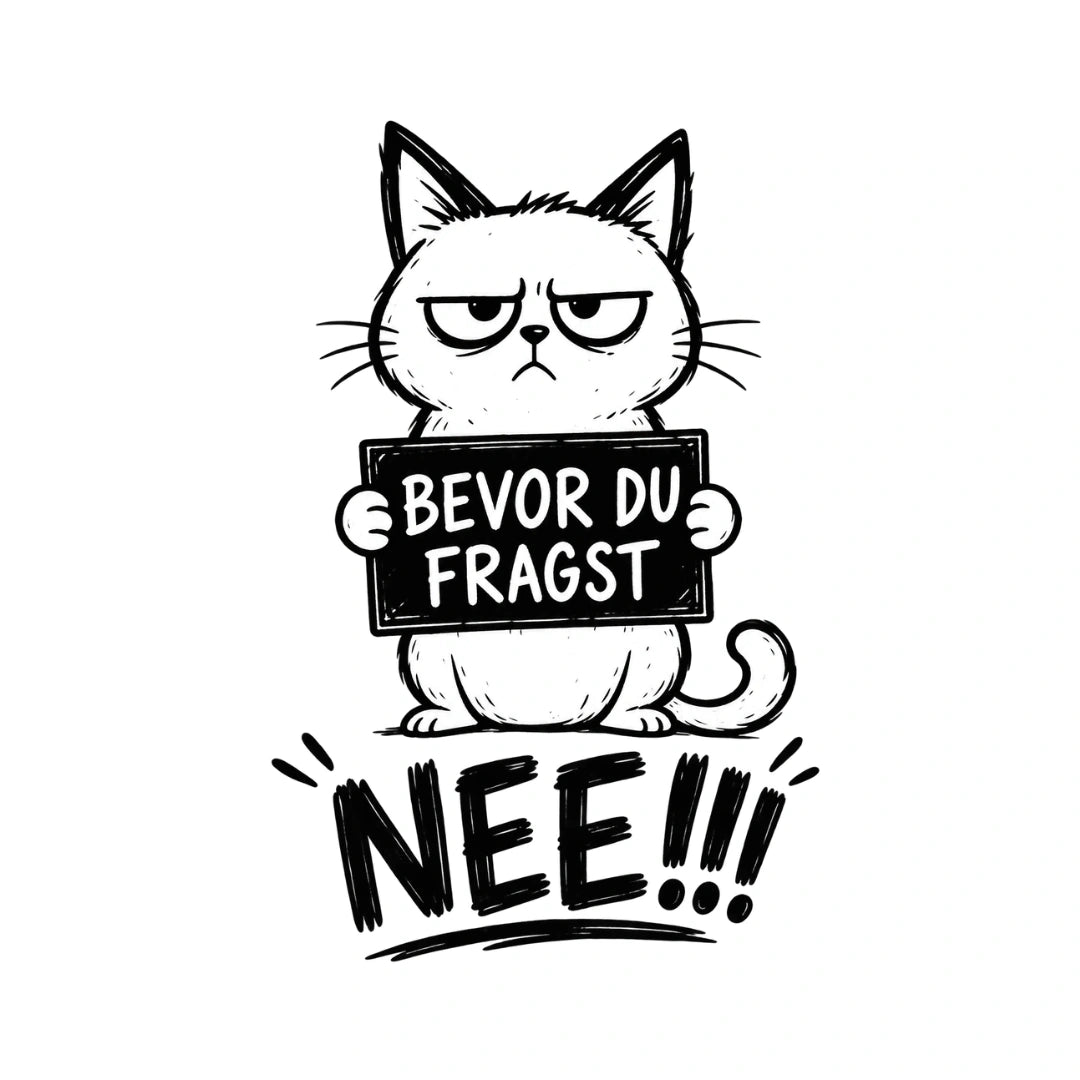 Schwarz-weißes Druckmotiv mit einer mürrischen Katze mit Schild Bevor du fragst und dem Schriftzug NEE!!!.