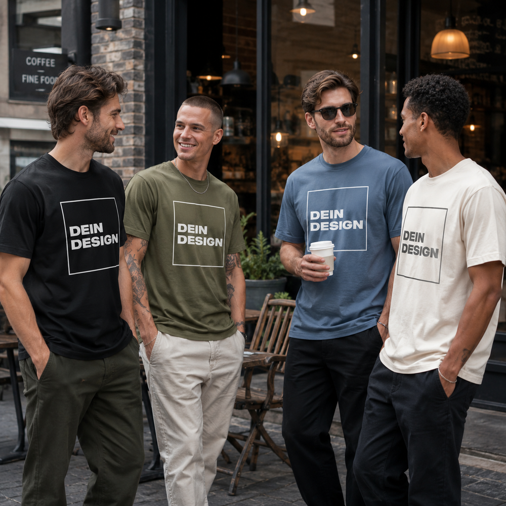 Vier Männer vor einem Café tragen T-Shirts in verschiedenen Farben, bedruckt mit dem Platzhalter-Schriftzug Dein Design.