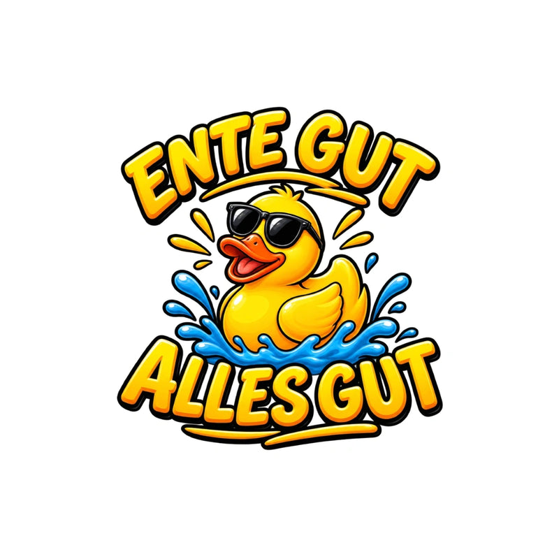 Druckmotiv mit einer gelben Badeente mit Sonnenbrille im Wasser und dem Spruch Ente gut alles gut.