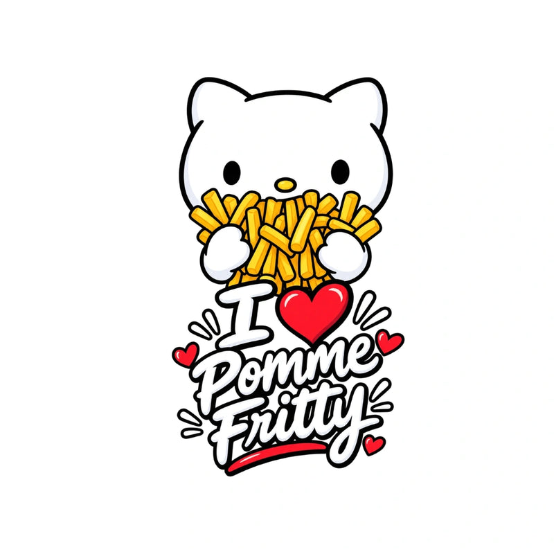 Druckmotiv mit einer weißen Cartoon-Katze, die eine große Portion Pommes hält, und dem Schriftzug I Love Pomme Fritty.