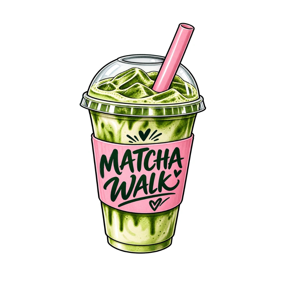 Illustriertes Druckmotiv mit einem Iced Matcha Latte im Becher mit rosa Strohhalm und der Aufschrift Matcha Walk.