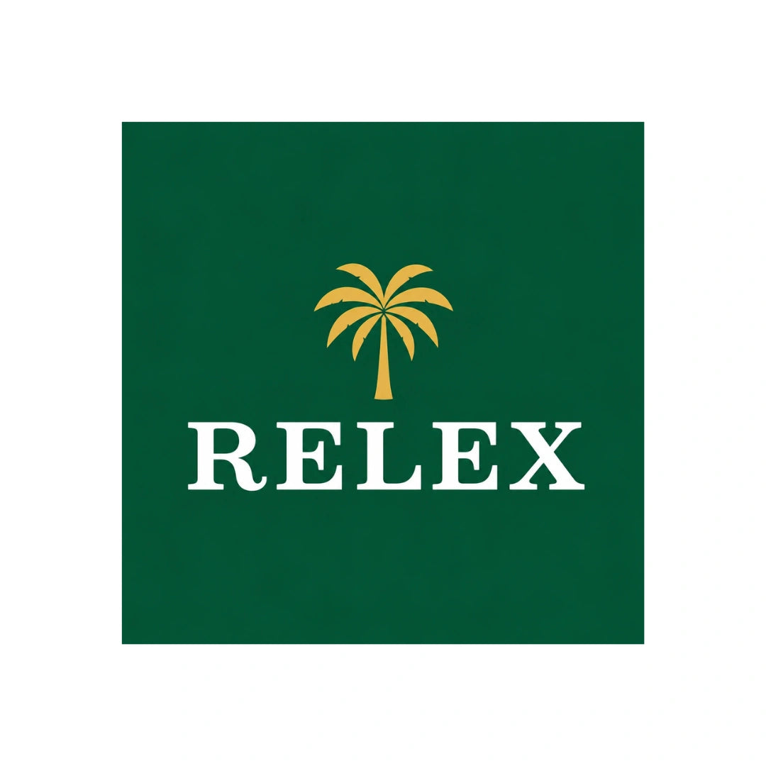 Druckmotiv auf grünem Hintergrund mit einer gelben Palme und dem Schriftzug RELEX als Parodie.