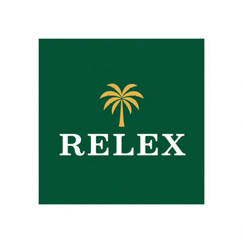 Druckmotiv auf grünem Hintergrund mit einer gelben Palme und dem Schriftzug RELEX als Parodie.