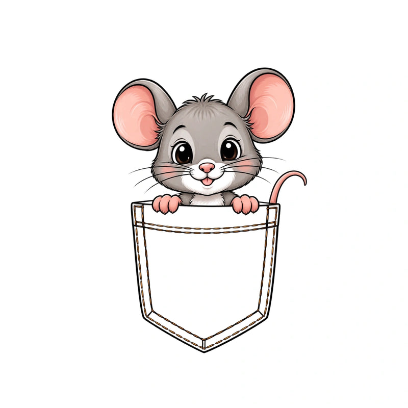 Niedliches Druckmotiv mit einer grauen Cartoon-Maus, die aus einer Brusttasche schaut.
