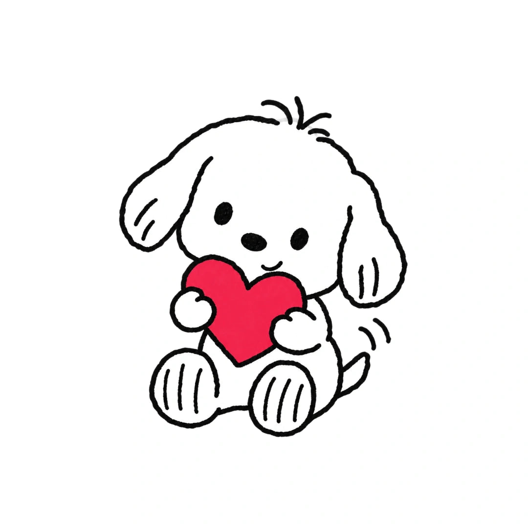 Druckmotiv mit einem niedlichen weißen Hund im Cartoon-Stil, der ein rotes Herz hält.